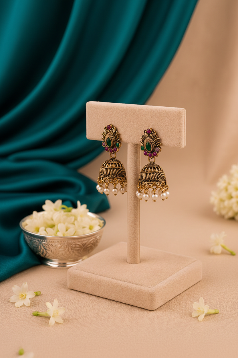 3/4 side angle view of peacock fan jhumka earrings with emerald and amethyst stones and pearl drops