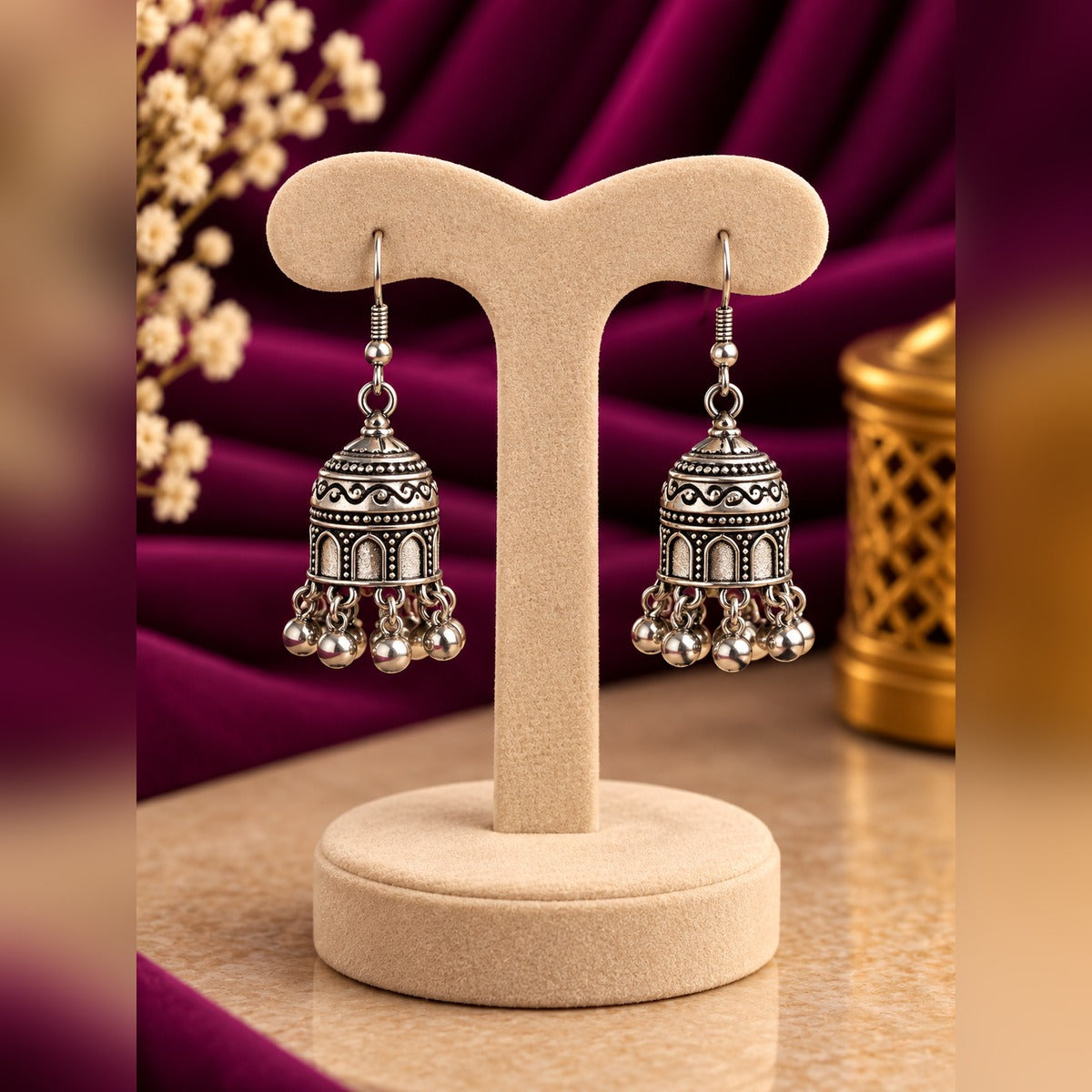 Oxidized Silver Engraved Dome Jhumka Earrings