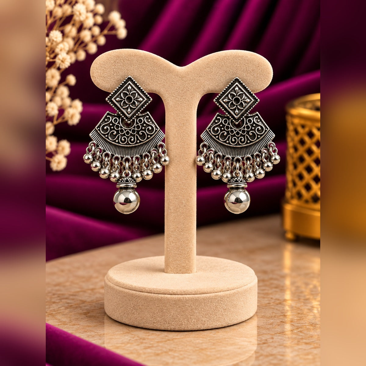 Oxidized Silver Fan Panel Ball Drop Earrings