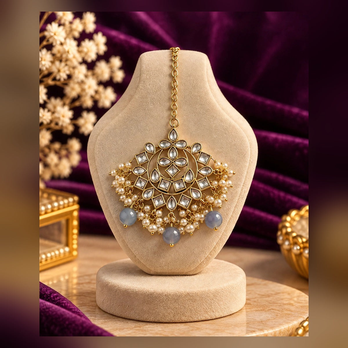 Gold Kundan Maang Tikka with Pearl Drops