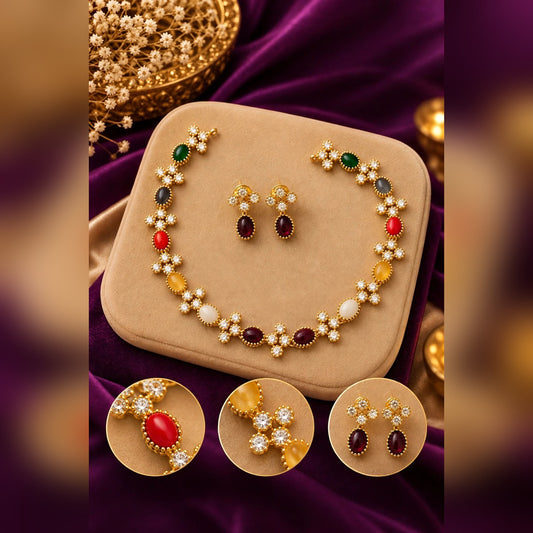 Gold necklace and earring set with multicolour oval gemstones and crystal flower clusters