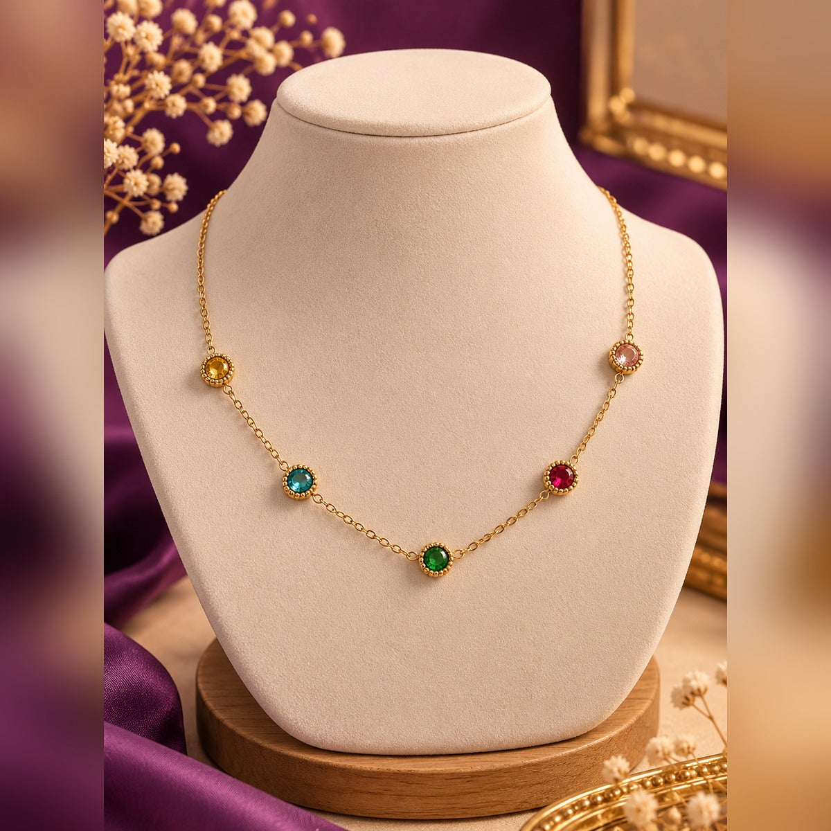 Gold multicolour gemstone station necklace with five round bezel-set coloured stones on a fine gold chain, on a display bust