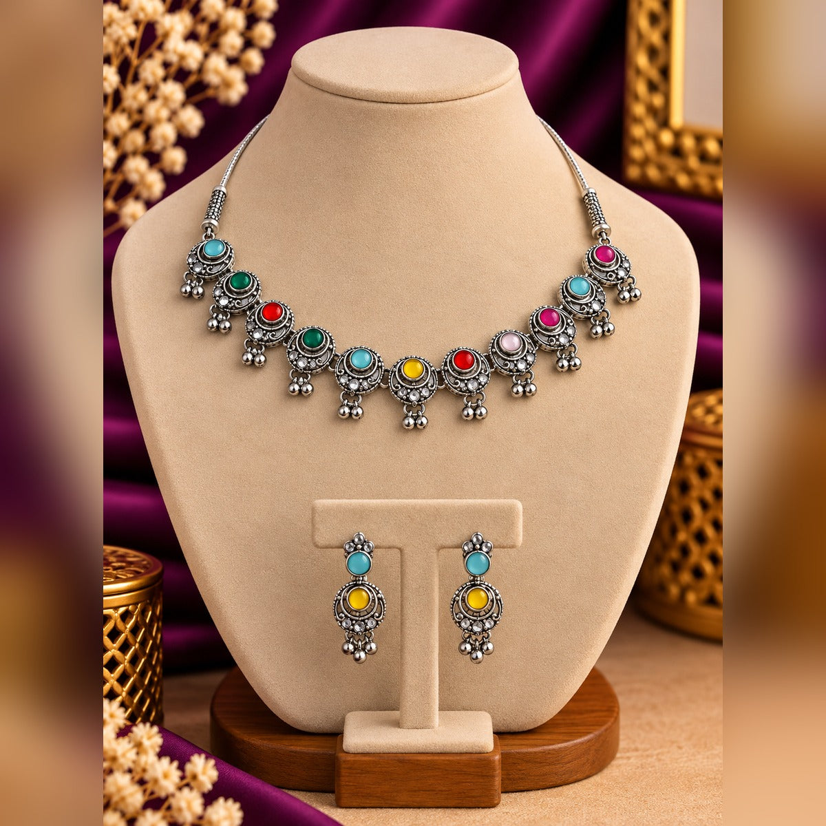 Oxidized silver necklace with multicolour round stones in filigree settings, plus matching earrings, on a display bust