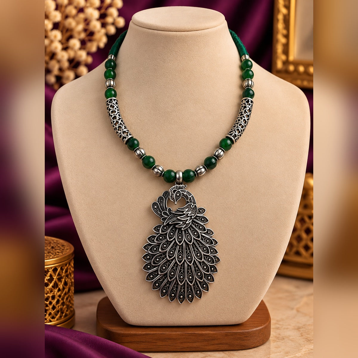 Oxidized silver peacock pendant necklace with green beads and filigree cylinders, on a display bust