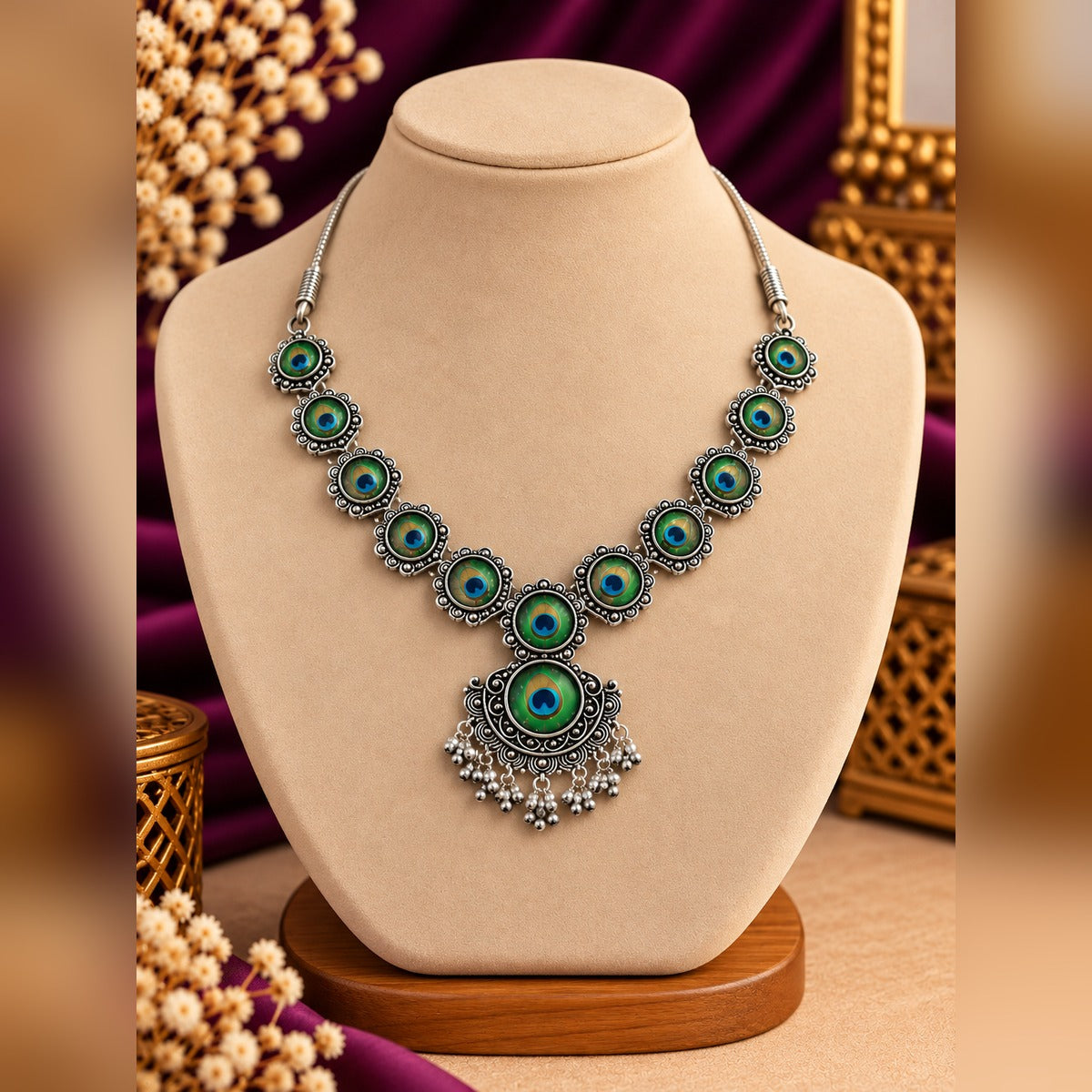 Oxidized silver peacock-eye necklace on a display bust