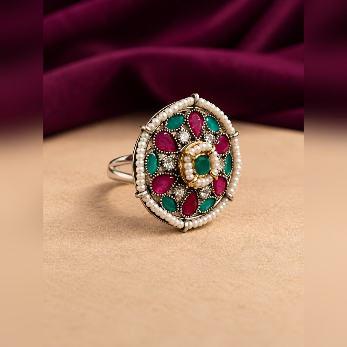 Ornate Pearl-Bordered Gemstone Ring