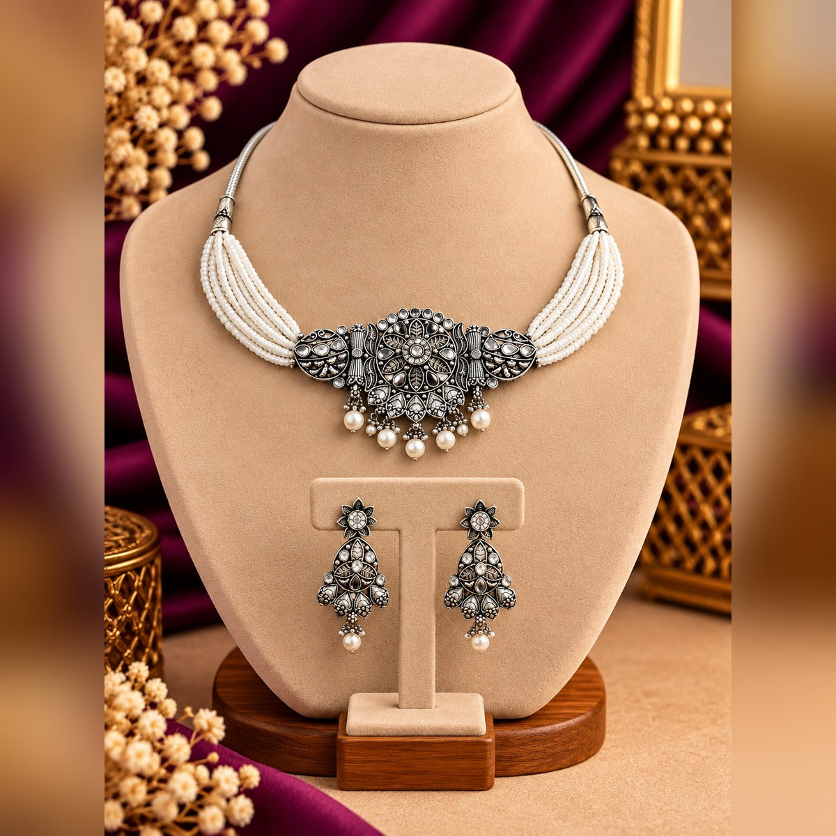 Multi-strand pearl choker with oxidized silver medallion centrepiece and pearl drops, plus matching chandelier earrings, on a display bust