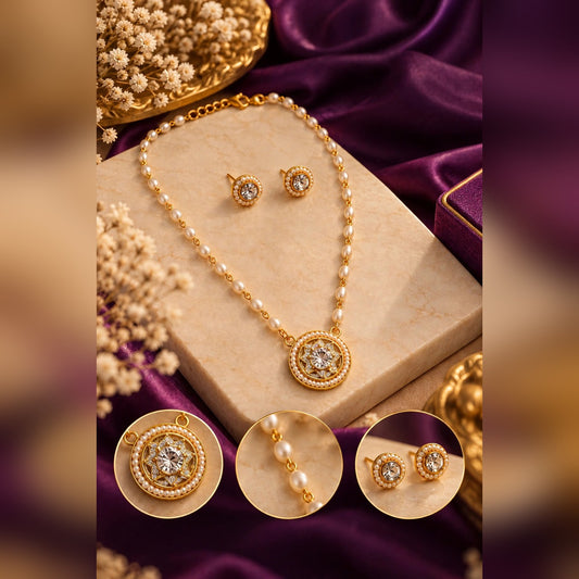 Pearl strand necklace with crystal medallion pendant and pearl-rimmed stud earrings