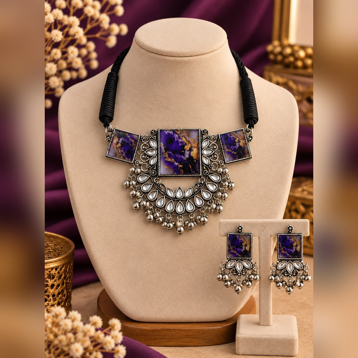 Oxidized silver choker with purple marbled stone panels, filigree and bead drops, plus matching earrings, on a display bust