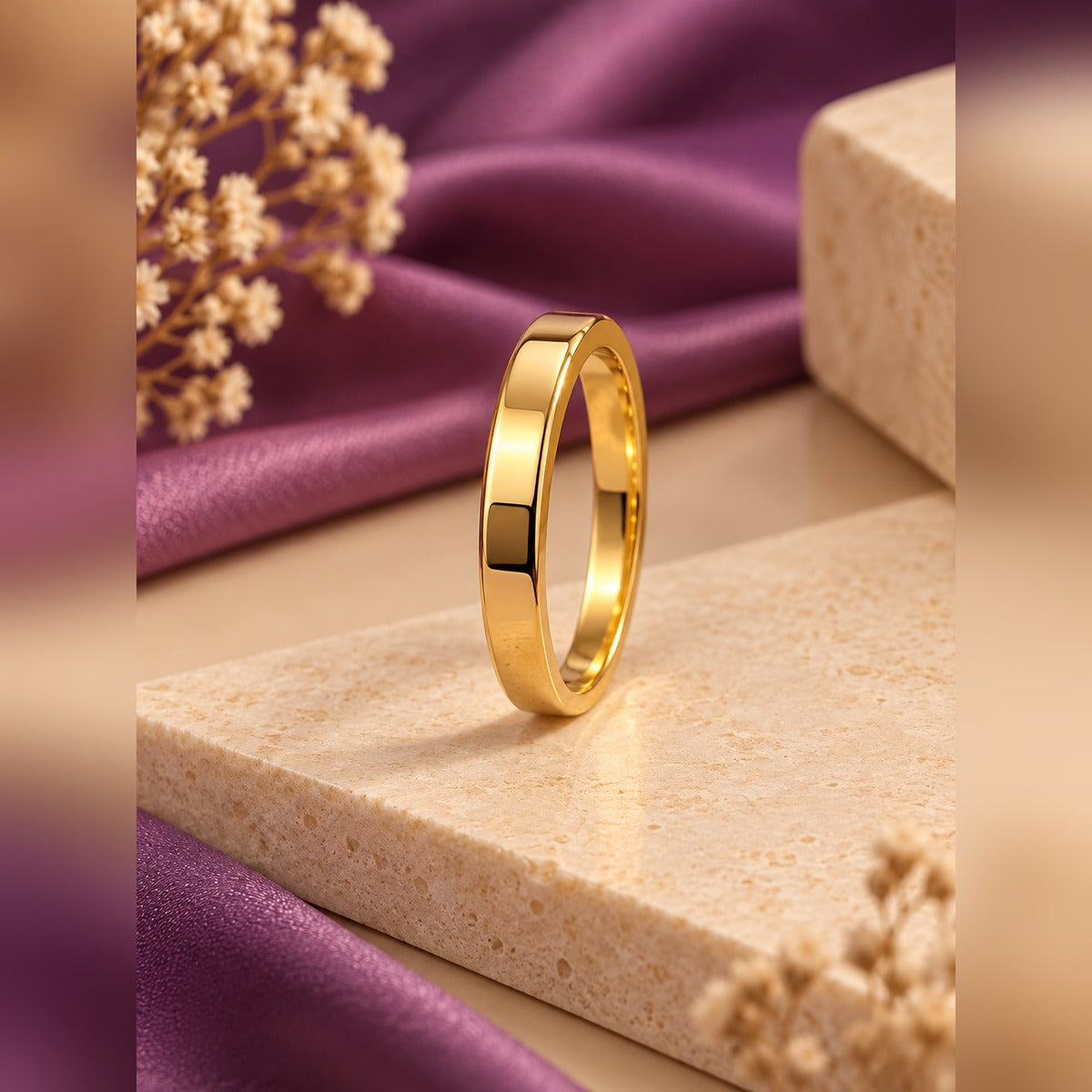 Gold wide polished band ring, plain smooth closed band