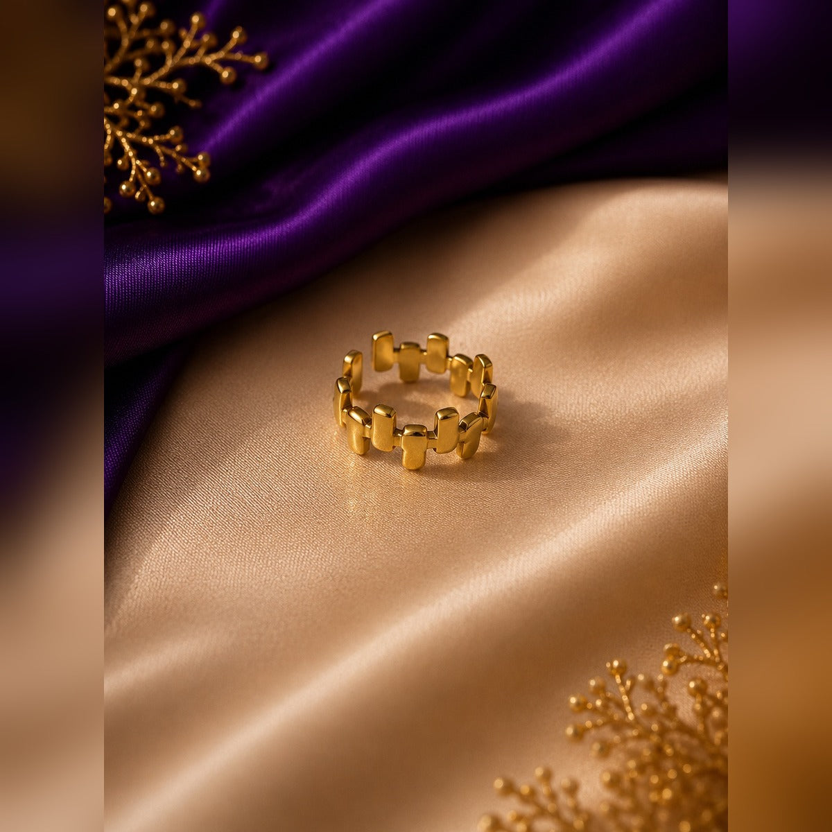 Gold open band ring with chunky rectangular block links