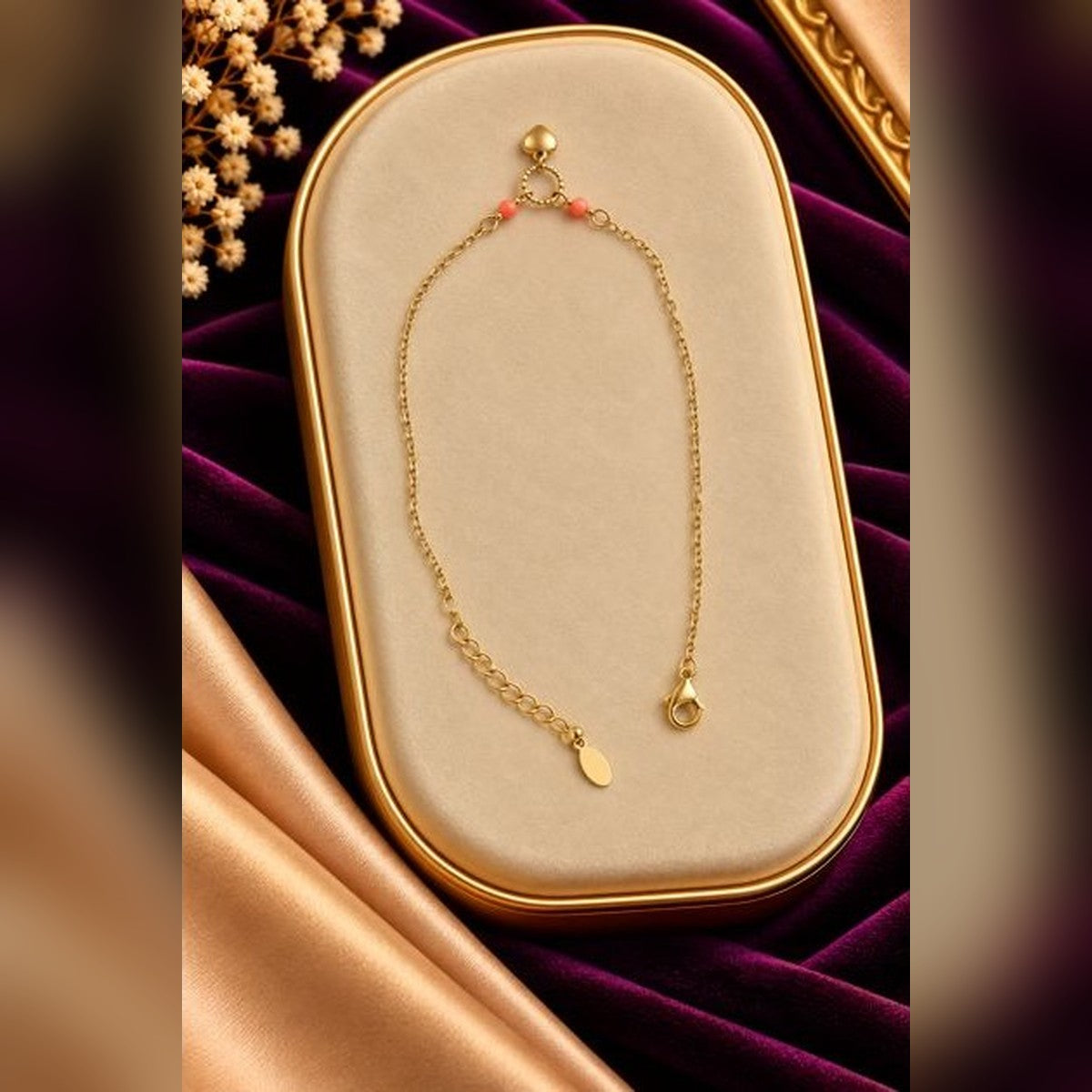 Gold Heart Coral Bead Anklet