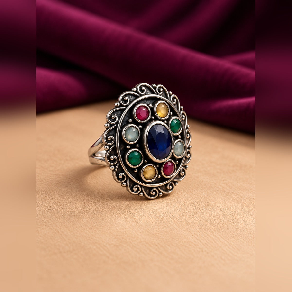 Ornate multicolour sapphire mandala ring