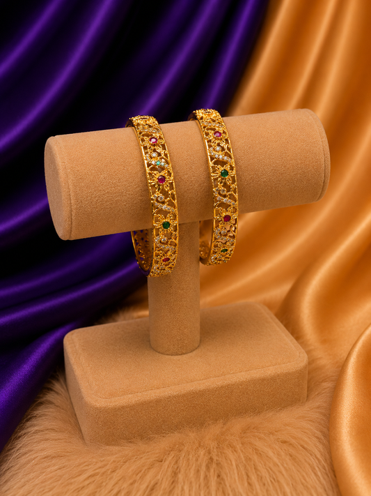 Gold Filigree Floral Bangle Set with Multicolour CZ Stones (Set of 2)