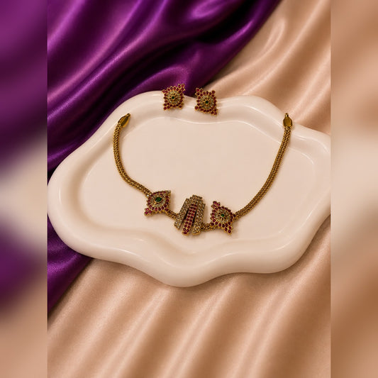 Gold mesh-chain necklace set with ruby starburst medallion pendant in crystal halo and pearl drops