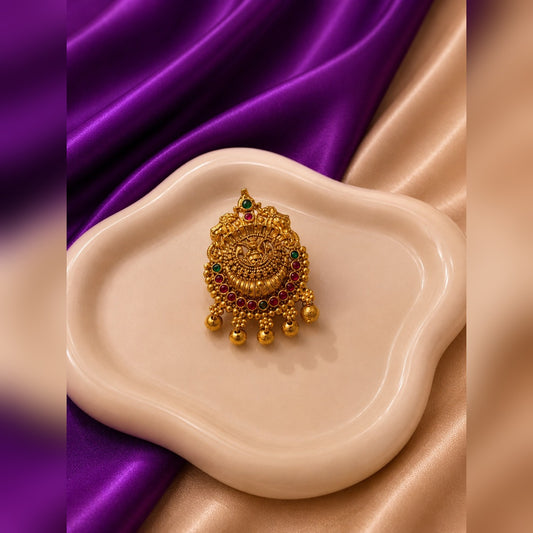 Antique gold temple pendant with ruby and emerald stones and gold bead drops
