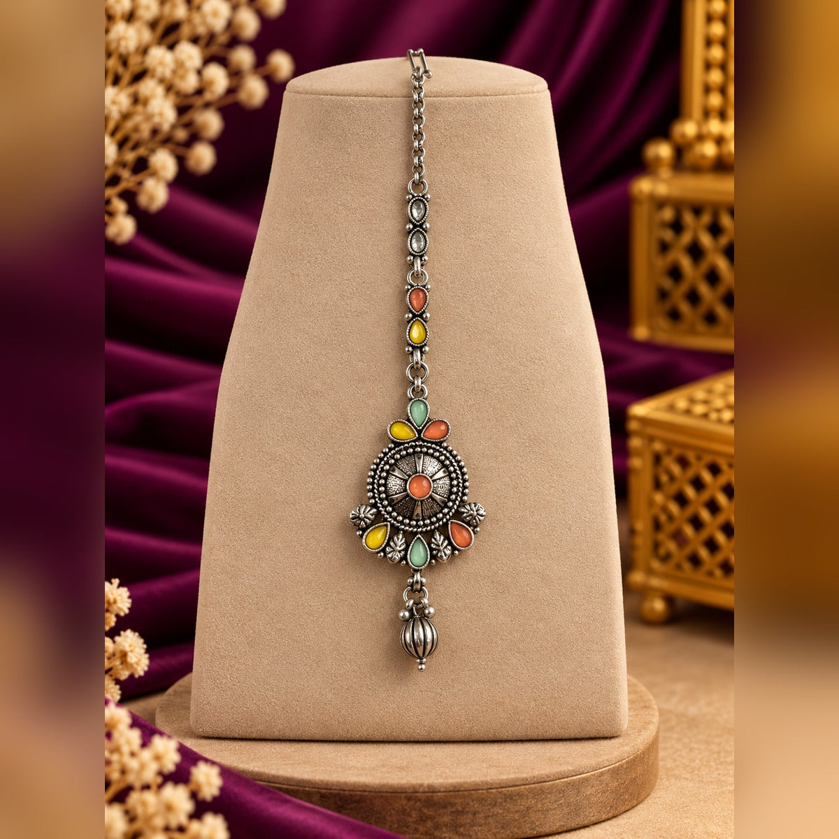 Oxidized silver maang tikka with multicolour stones and a sunburst medallion pendant, on a display stand