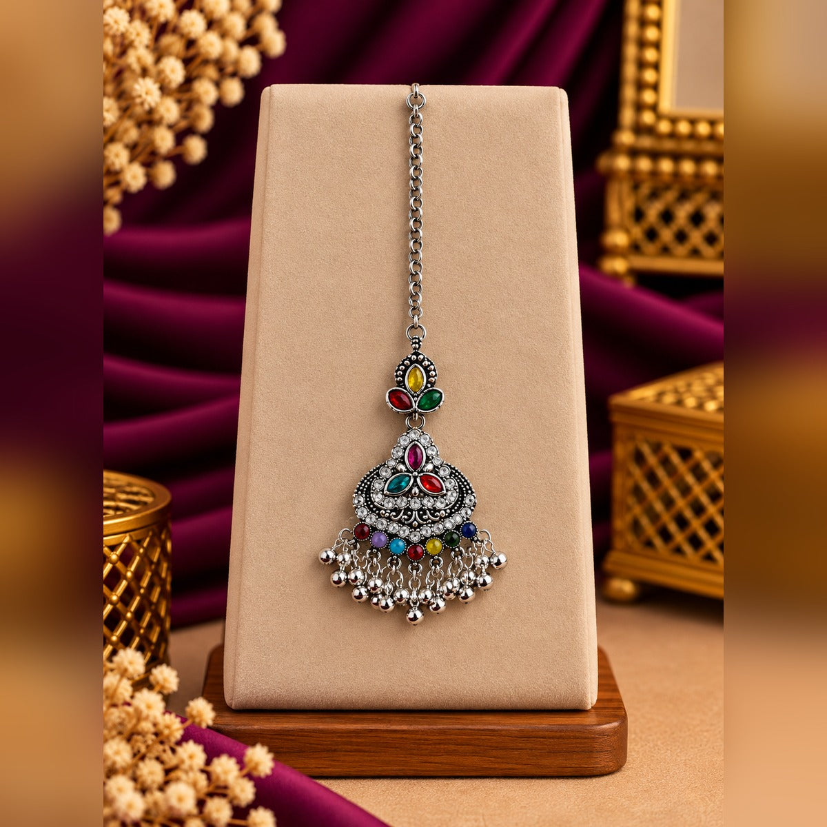 Oxidized silver maang tikka with teardrop crystal pendant, multicolour stones, and silver ball fringe, on a display stand
